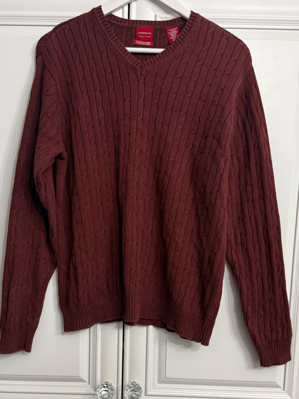 Arrow USA 1851 Burgundy V-Neck Cable Knit Cotton Cashmere Blend Sweater Men’s M